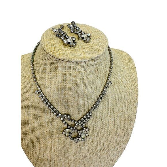 Vintage Rhinestone Necklace Choker‎ & Dangling Earrings Silver Toned Art Deco